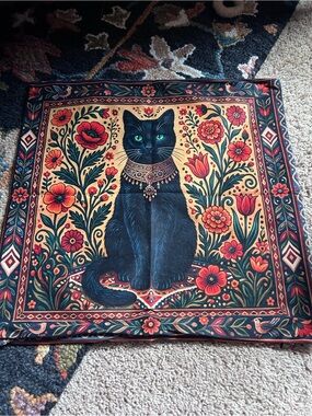 Decorative Black Cat Pillow Cover with Floral Motif